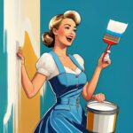 -a-1950s-style-action-illustration-of-a-young-woman-in-a-blue-dress-with-a-paint-brush-in-one-